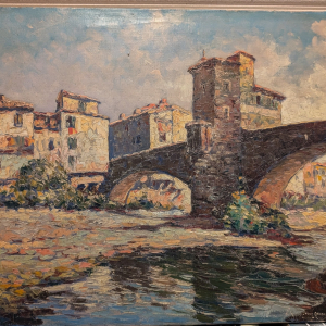 Tableau signé Tony cardella pont de Sospel 73x61 huile sur toile bon état années 50