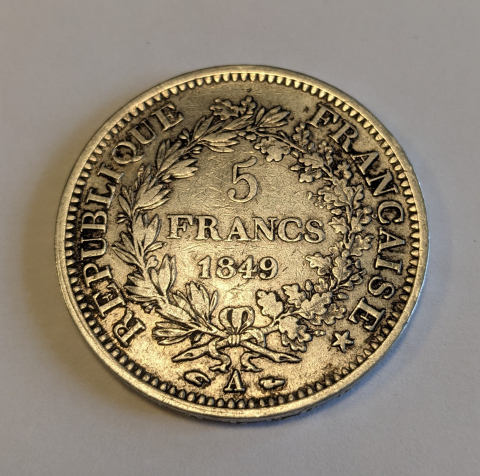 
															Pièce 5 francs 1849
														