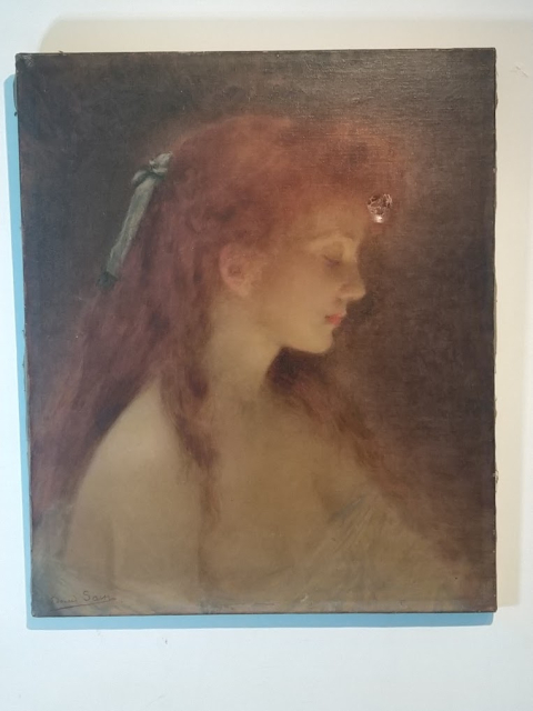 
															"Jeune fille rousse au ruban vert, par Édouard Sain - Huile sur toile avec potentiel pour restauration"
														