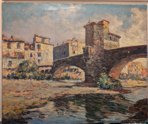 
															Tableau signé Tony cardella pont de Sospel 73x61 huile sur toile bon état années 50
														