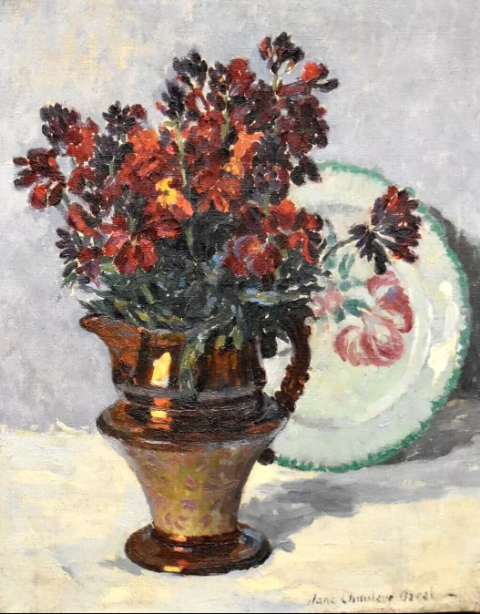 
															Tableau huile nature morte fleur école Française signé Jane Chauler Ozeel
														