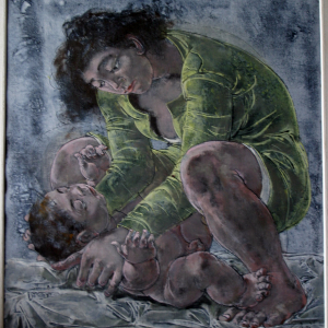 Toile de Hans Erni. "Mère à la robe jaune jouant avec son enfant"