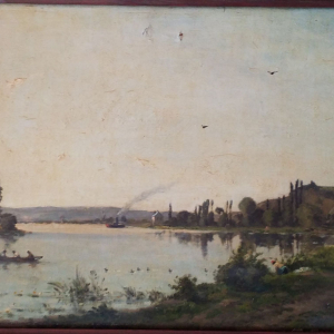 Estimation d'un tableau de H C Delpy sur panneau (40.5cm x 71 cm) repréentant un paysage de seine