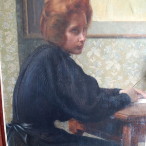 Paul Flandrin, huile sur toile, 1881, jeune femme assise à l'écritoire.