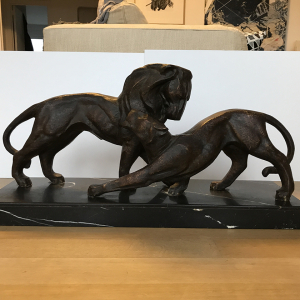 Michel DECOUX - Bronze  Sculpture Bronze Lion et lionne sur socle en marbre - Art Deco Signee Michel Decoux