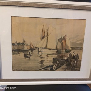Pastel sur papier dessin signée par Henry Alphonse Barnoin  repésentant le retour des bateaux de pêche dans le port de Concarneau