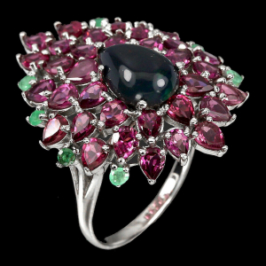 Bague Grenat, Emeraude et Opale noire