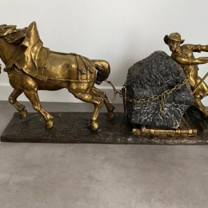 bronze carrier et cheval tirant 1 bloc de bronze signé Edouard Drout