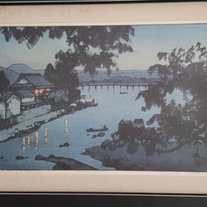 2 lithographies d'Iroshi YOSHIDA de "Evening on Chikugo River in Hita" et "Mont Fujiama d'Okitsu"