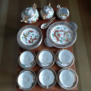 Service a thé et dessert  en porcelaine sur argent - indochine