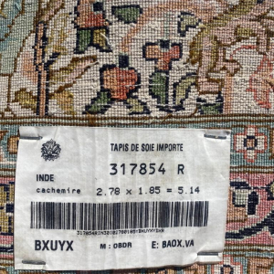 Tapis  de soie Importé Cachemire INDE  2.78 *1.85=5.14 Numéroté