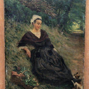 Tableau Ancien Huile Alfred PLAUZEAU (1875-1918) Portrait Femme Paysage XIXe