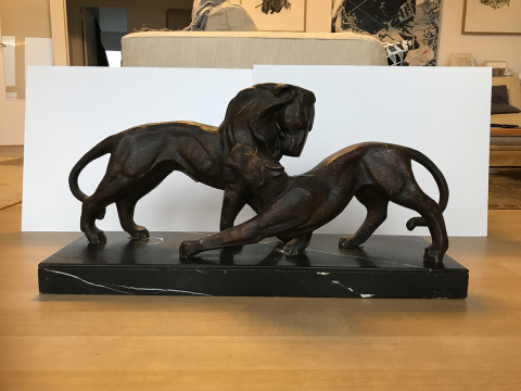 
															Michel DECOUX - Bronze  Sculpture Bronze Lion et lionne sur socle en marbre - Art Deco Signee Michel Decoux
														