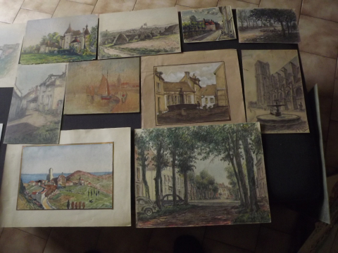 
															lot de plusieurs croquis, dessins peintures de L Rosan
														