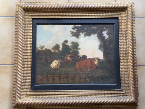 
															Vache dans un pré - peinture sur bois
														