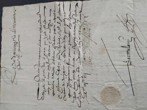 
															Acte manuscrit de 1592 Duc du Genevoys et de Nemours avec sceau
														