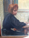 
															Paul Flandrin, huile sur toile, 1881, jeune femme assise à l'écritoire.
														