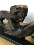 
															Michel DECOUX - Bronze  Sculpture Bronze Lion et lionne sur socle en marbre - Art Deco Signee Michel Decoux
														