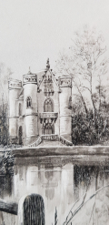 
															Gravure noir et blanc "Les étangs de la Reine Blanche à Chantilly"
														